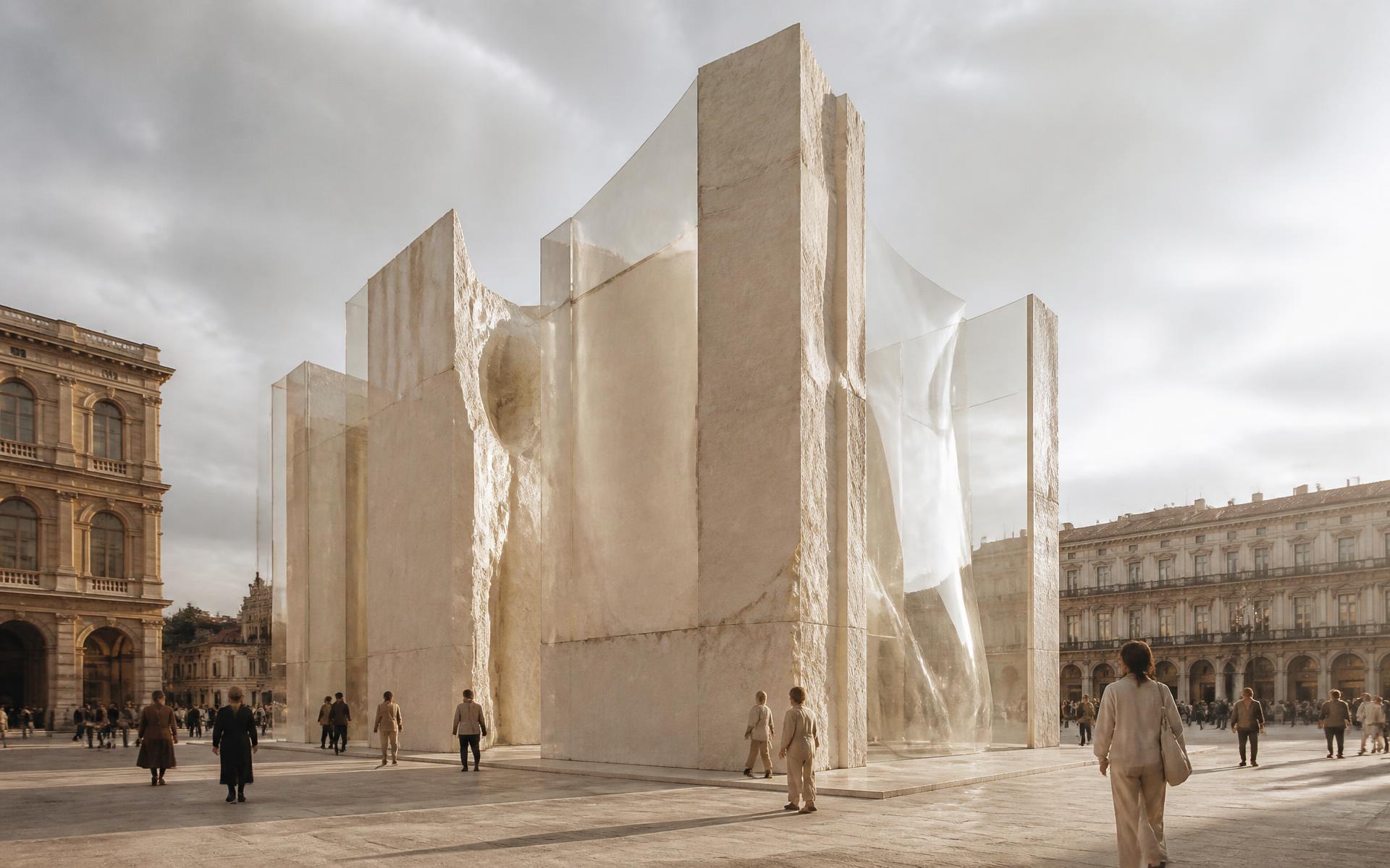 A monumental stone and glass installation in a European city square with people walking around it