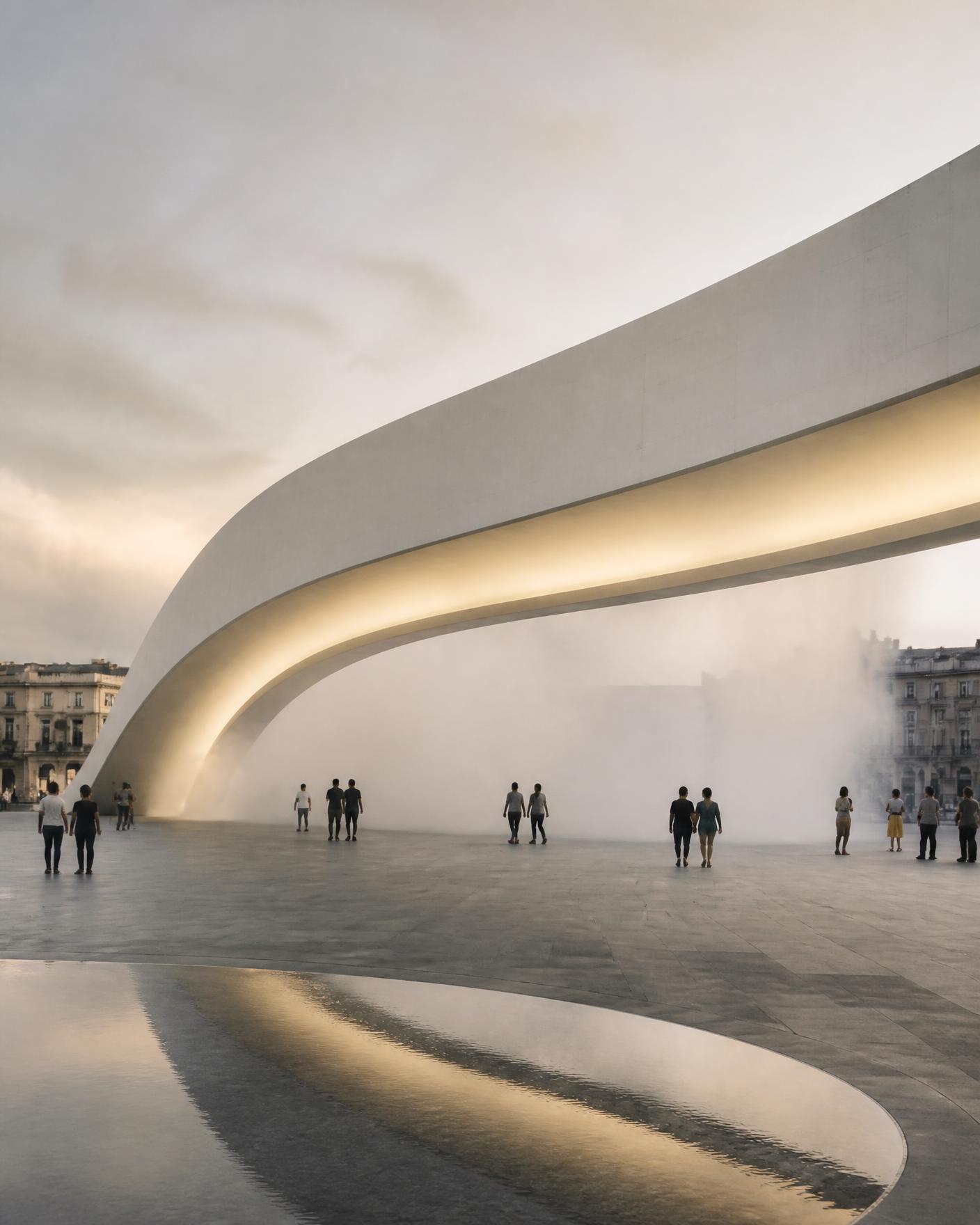 Curved luminous architectural canopy over a misty urban plaza with people walking